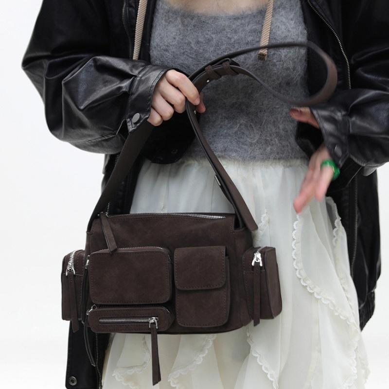 

Women Retro Suede Frosted Motorcycle Bag Multiple Pocket High Quality Leather Handbag Wide Strap Shoulder Bag