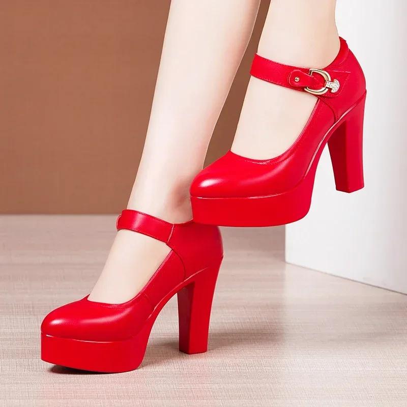 9cm 11cm Small Size 32-43 Elegant Shallow Soft Leather Shoes Platform Pumps 2025 Spring Block High Heels Shoes Dress Party Model
