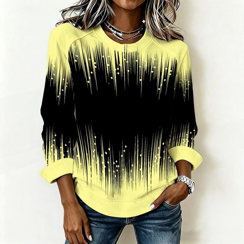 Plus Size Ladies Long Sleeve T Shirt Vintage Stripe Printed Loose Casual Top Comfortable Daily Wear Oversized Tee
