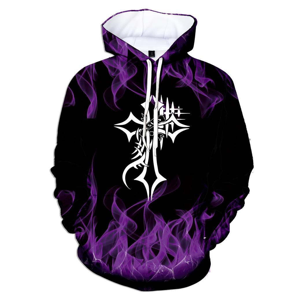 New Fashion Autumn and Winter 3D Flame Men's Hoodie Hooded Sweatshirt Pullover Cross Printed Large Size Sweater