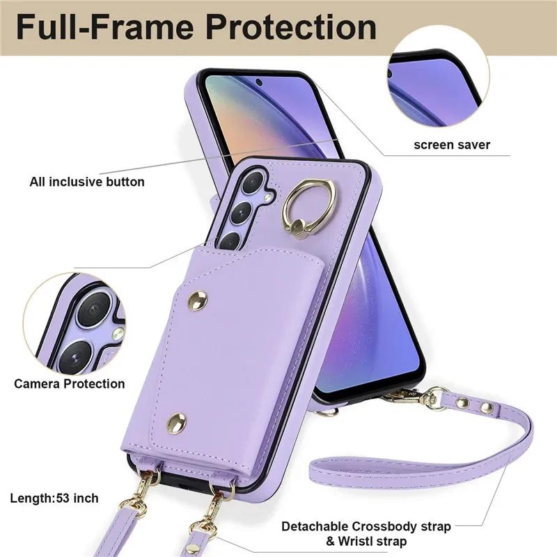 Crossbody Ring Leather Zip Wallet Phone Case for Samsung Galaxy S26 Ultra S25 FE S24 Plus S23 S22 S21 Note 20 Lanyard Cover Bag