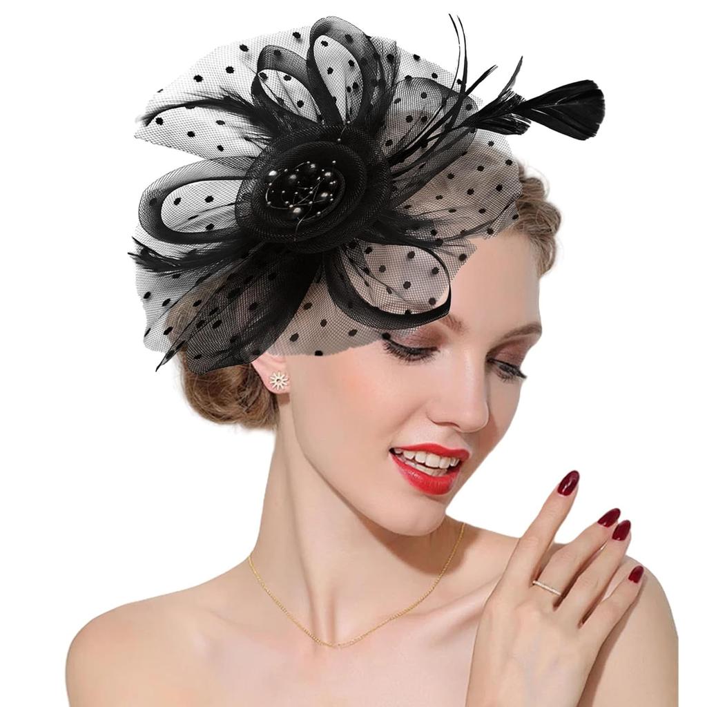 Fascinators Hats 20s 50s Hat Pillbox Hat Cocktail Tea Party Headwear with Veil for Girls and Women (US, Alpha, One Size, A-Black)