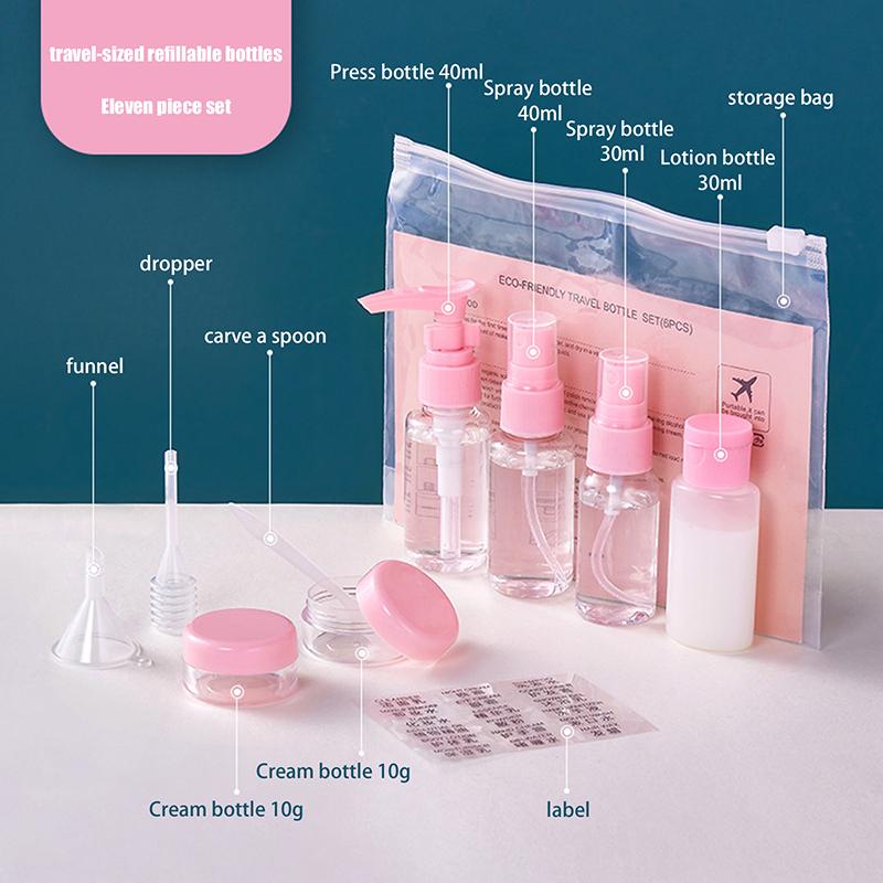 11Pcs Travel Refillable Bottle Set Cosmetic Lotion Toner Spray Shampoo Essentials Cream Bottle Empty Container For Toiletries