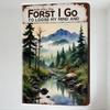 Vintage Forest Stream Metal Tin Sign with 'Into the Forest I Go To Lose My Mind' Quote Rustic Nature Landscape Wall Decor for Ho