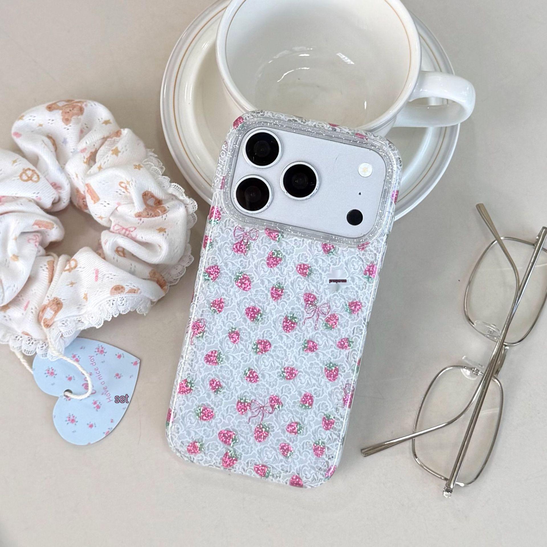 

Ins Style Lace Strawberry Bow Phone Case for iPhone 14/15/16/17 Pro Max Gilded Edition for Women iPhone 14 Pro Max