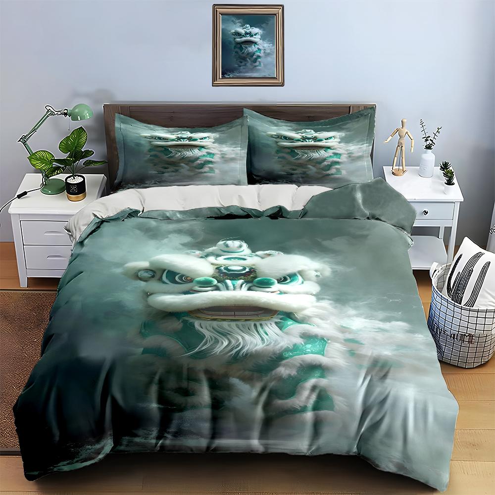 Green lion face Bedding Duvet cover sets Duvet covers Pillowcases gifts (1 * Duvet Cover 2 * Pillowcases, without duvet insert)