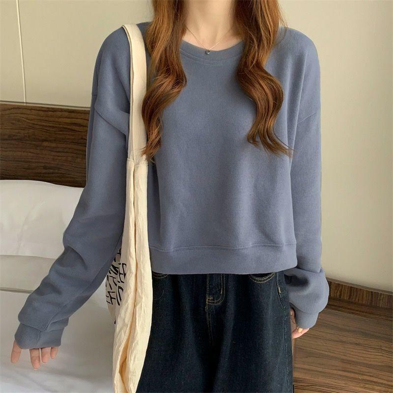 Korean Style Solid Color Women's Sweatshirt – Spring/Autumn, Round Neck, Long Sleeve, Loose Short Top