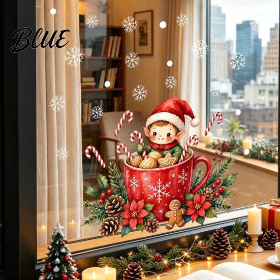 Snowflake Glass Clings Christmas Elf Mug Window Sticker Festive Static Cling Decal Removable Art Gingerbread Man Sticker for Doors Windows Holiday
