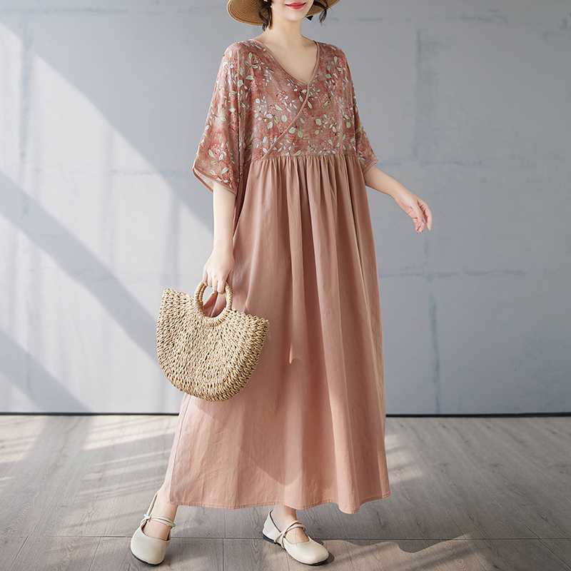 Cotton and Linen Summer Patchwork Retro Style Dress Long Skirt