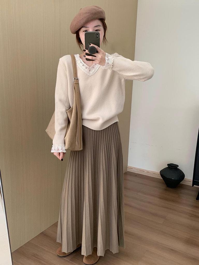 2025 Winter Women's High-Waisted Pleated Knitted Midi Skirt - Korean Style, Casual, Thickened, Slimming Design