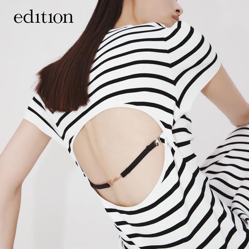 EditionE+ Striped Knit U-Neck Backless Short Sleeve Dress