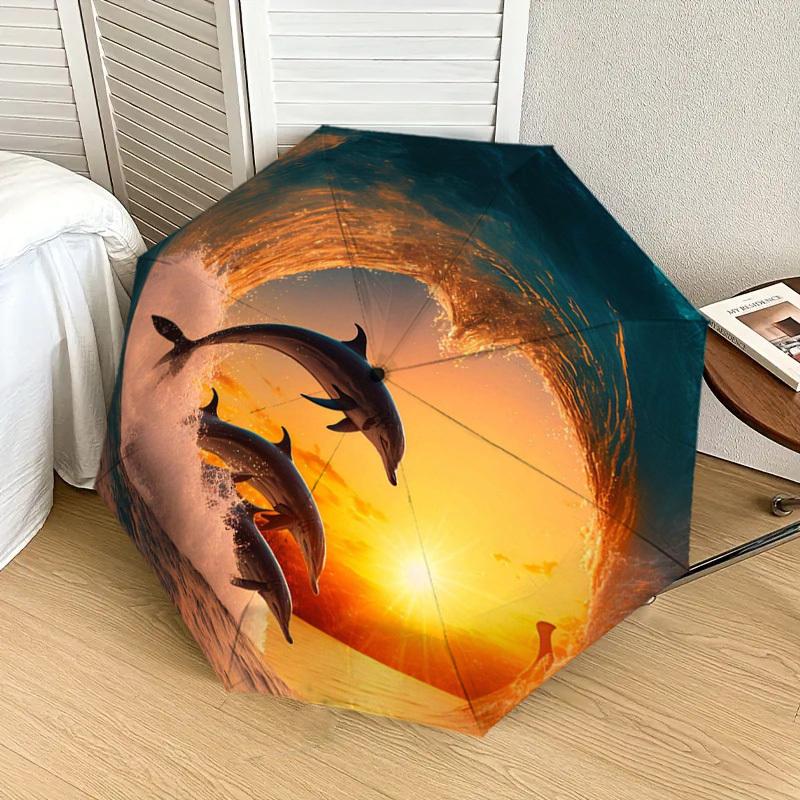 1pc Ocean Sunset Dolphins Wave Umbrella with Plastic Handle,Suitable for All Seasons Home Travel Outdoor UmbrellaDD345