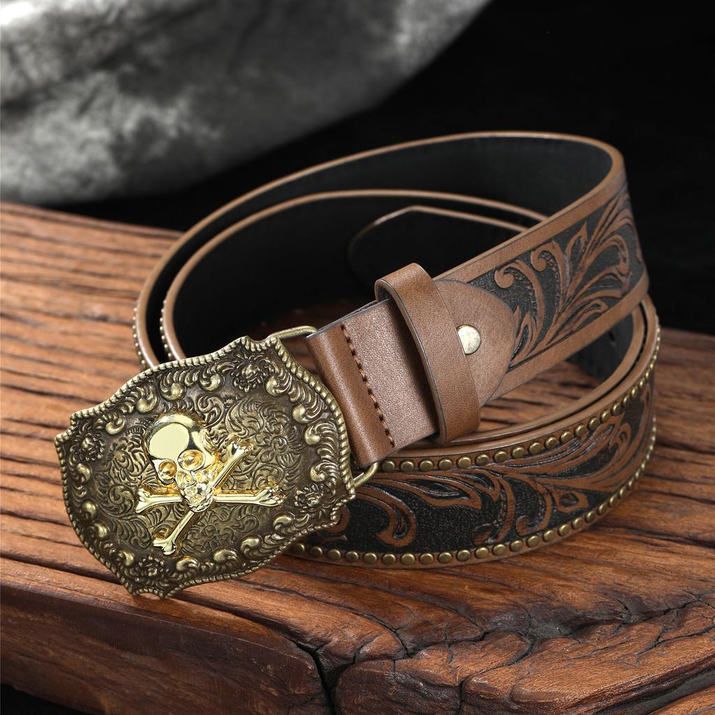 Vintage Western Denimbelte Ku hode Stor plate spenne Denim Gravert Etnisk stil Herre Punk PU lærbelte