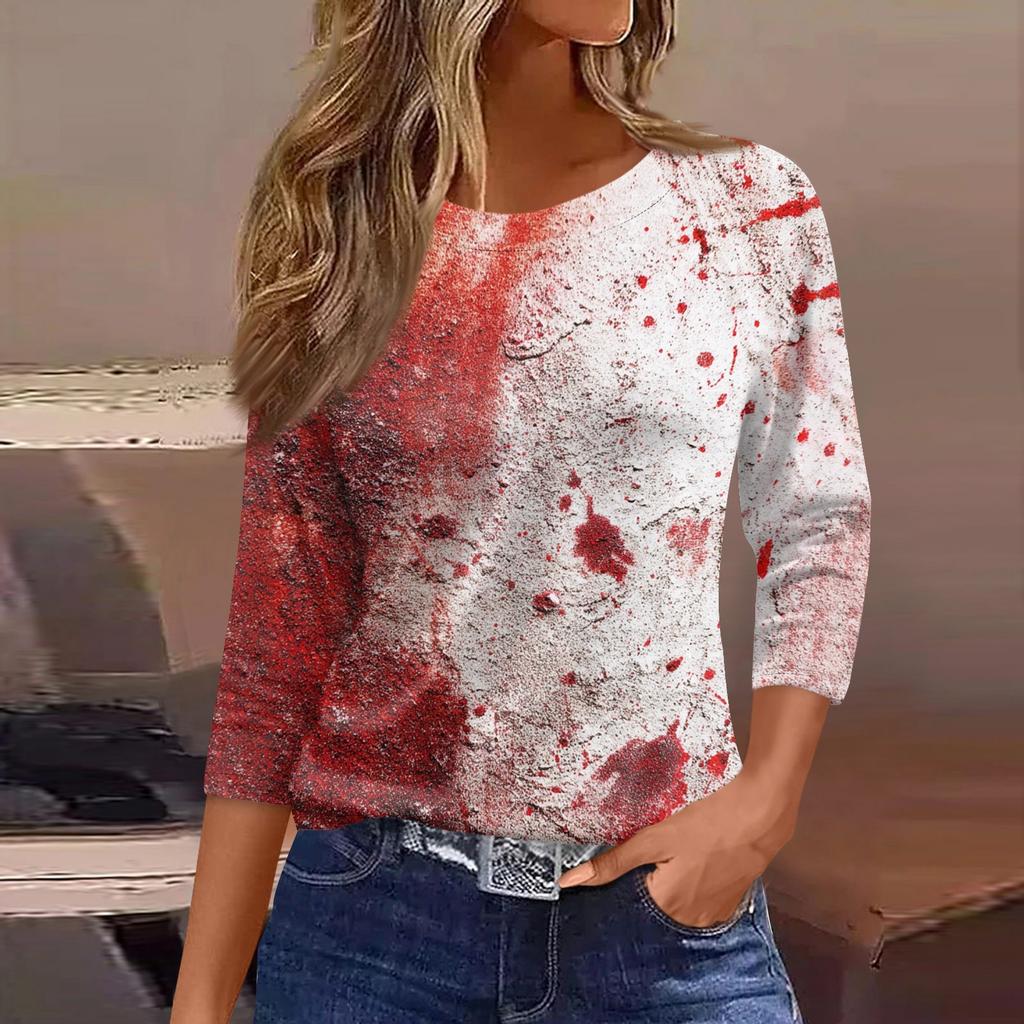 Dame Mote Casual Trekvartsermet Halloween Trykket Rund Hals Topp