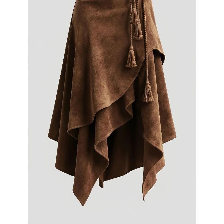 Women's faux suede vintage style irregular ruffle midi skirt with waist tie and tassel decoration