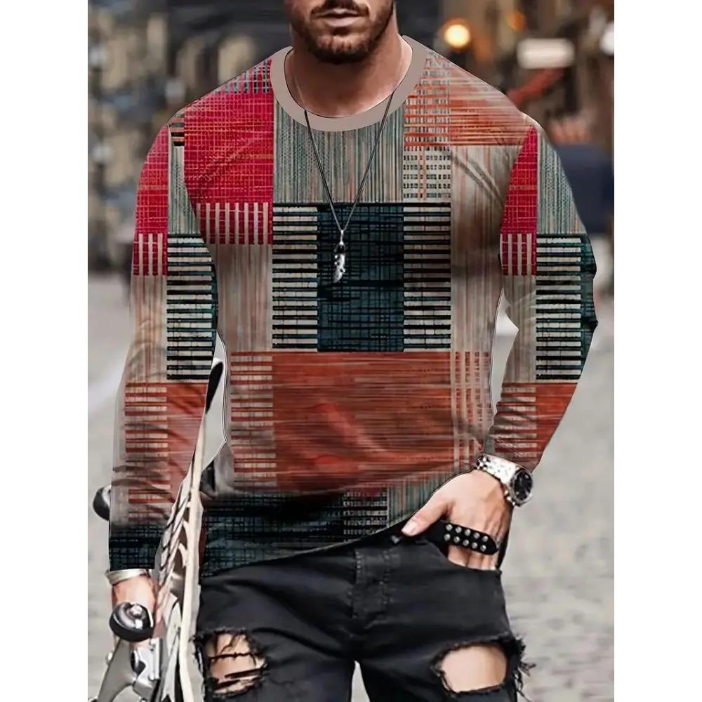 Винтажные мужские футболки с многоцветной клетчатой вставкой и 3D-принтом, новинка осени, топы с длинным рукавом, повседневная футболка для мужчины, одежда в стиле пэчворк S