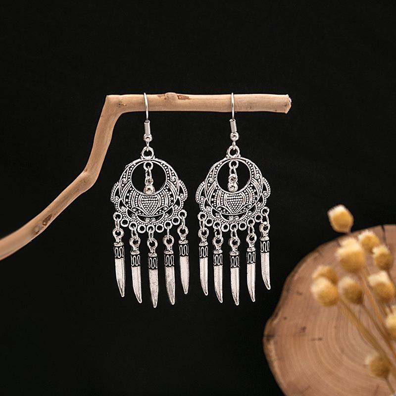 Miao geometric bells, fringed earrings, minority earrings, bohemian long leaf earrings