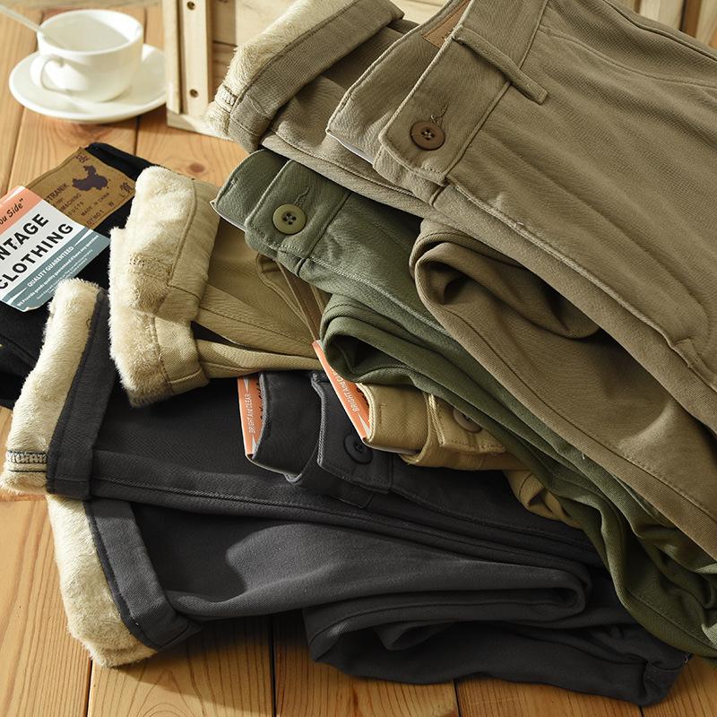 Winter Warm Pants Japanese Style Men's Pants Daily Casual Fleece Pants Straight Gray Pants Simple Thicken Men Trousers