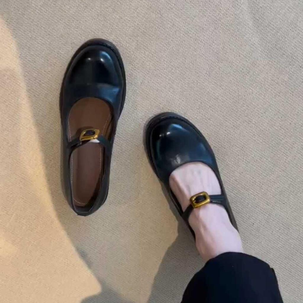 Weiches Schafsleder~ Retro britischer Stil kleine Lederschuhe für Damen Herbst neu dicker Absatz runde Spitze mit leichtem Ausschnitt Mary Jane einzelne Schuhe