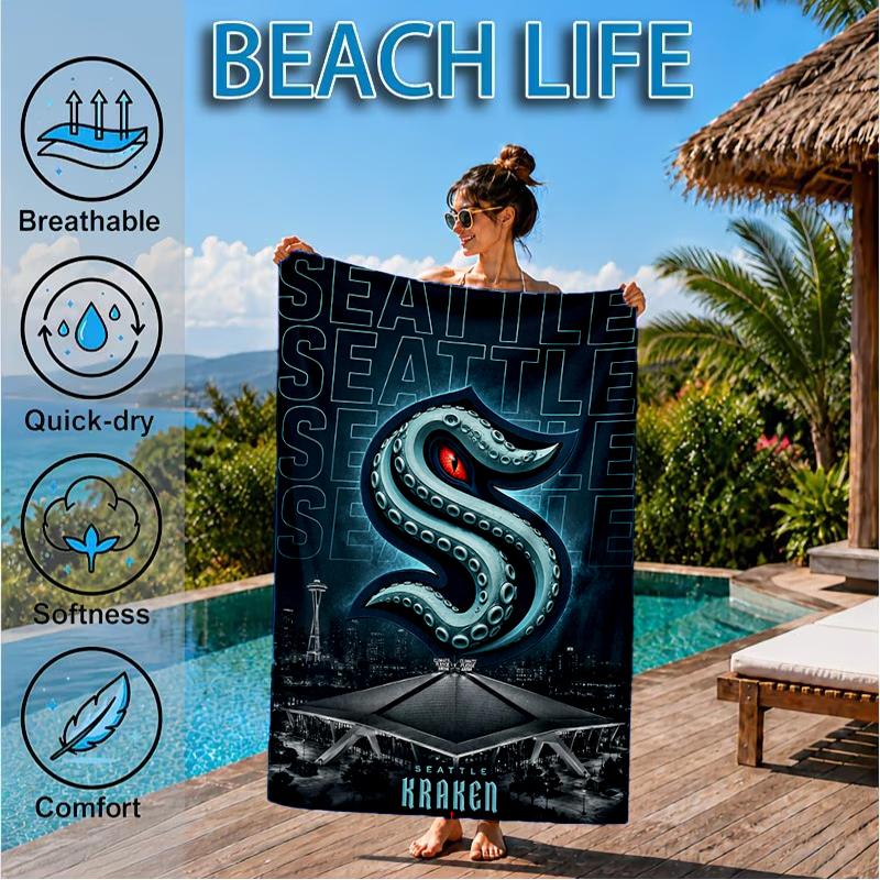 Seattle Kraken Logo Beach Towel, Super Soft Microfiber, Perfect Gift for Her/Him, Birthday, for Pool, Beach, Travel, Decor Beach Party