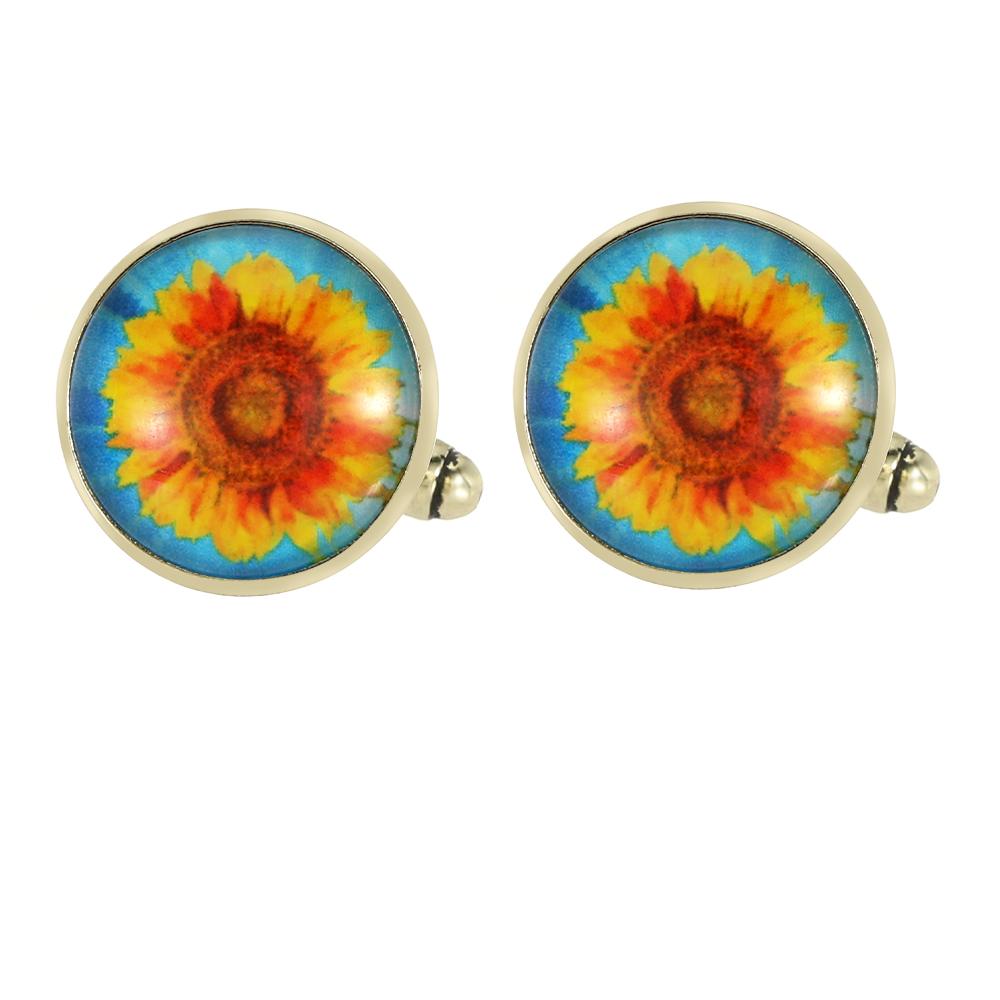 New Sunflower Pattern Round Cufflinks Mens Time Gem Flower Tie Clip