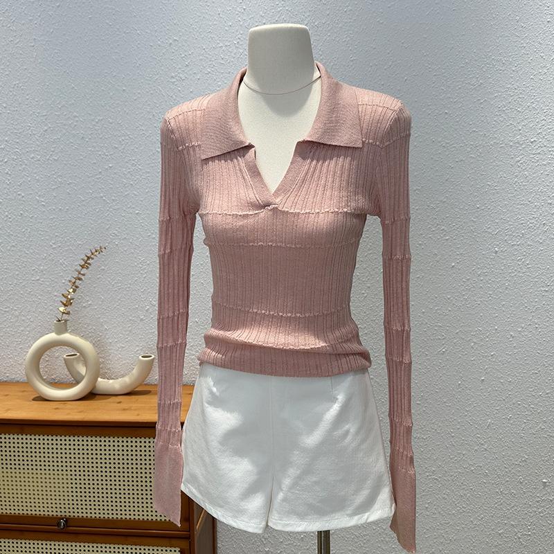 Design sense niche knitted long-sleeved shirt women's autumn slim-fitting and thin lo shirt unique popular top