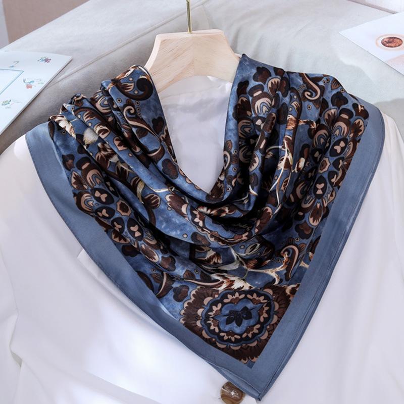 Elegant Korean Style Floral Printed Square Neck Scarf For Women Fashion Decoration 90cm