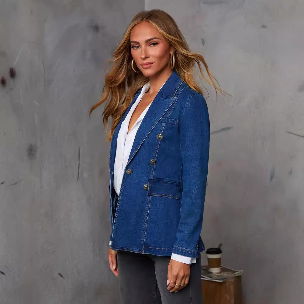 Women's Lapel Collar Long Sleeve Slim Fit Denim Jacket Casual Streetwear Blazer Coat
