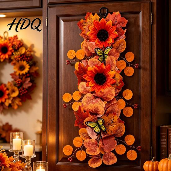 Fall Sunflower Garland with Butterflies Artificial Wall Hanging Maple Leaf Butterfly Autumn Harvest Decoration for Hanging Wreath Indoor Outdoor