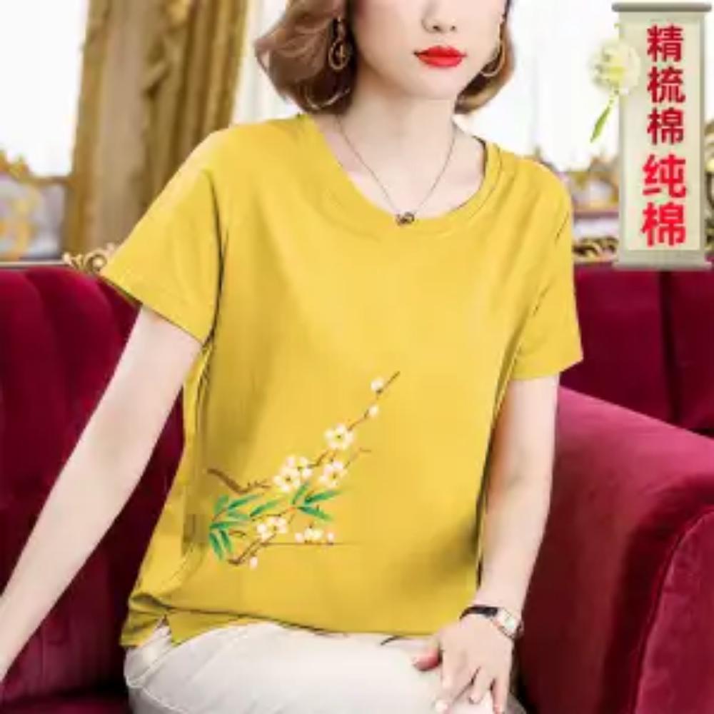 Pure Cotton T-shirt Short-sleeved Women's Round Neck Summer Wear Middle-aged Top Belly-covering T-shirt