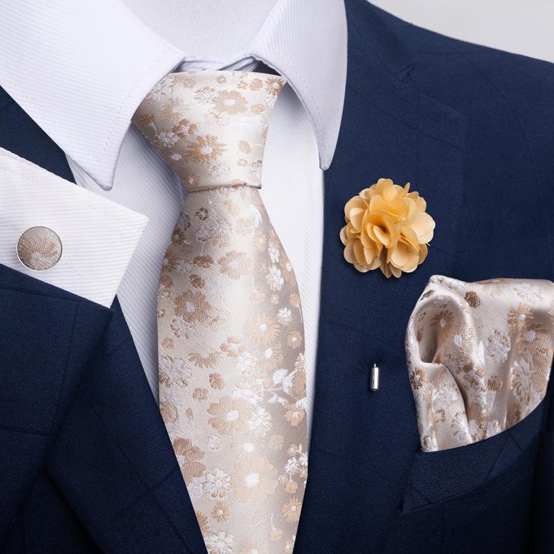 Brown Paisley Men's Tie, Pocket Square, Cufflinks & Boutonniere Set for Business Formal Wear.