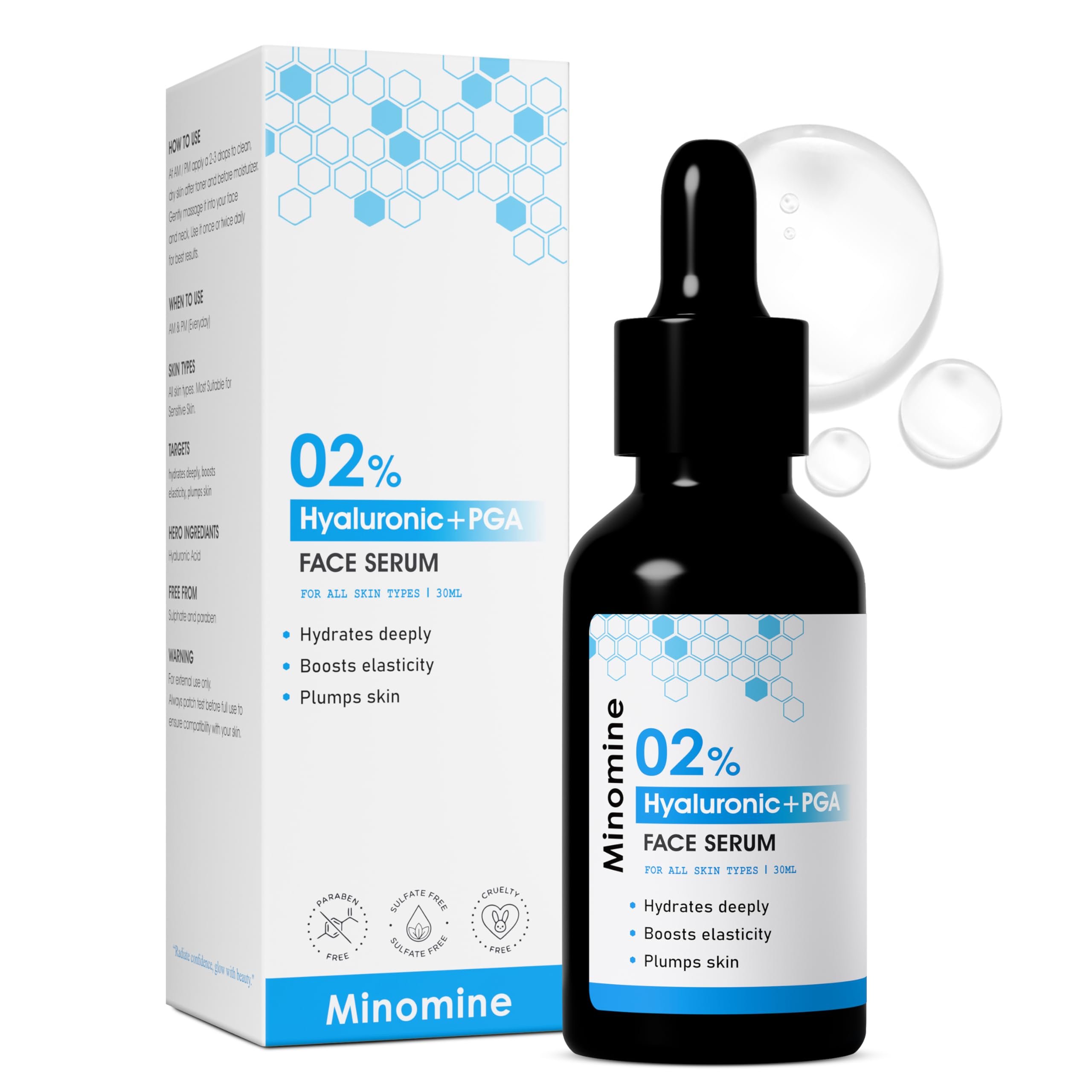 Minomine 02% Hyaluronic Acid + PGA Face Serum with biosaccharide | Hydrates deeply, Boosts elasticity, Plumps skin | Men & Women, All Skin Types, 3