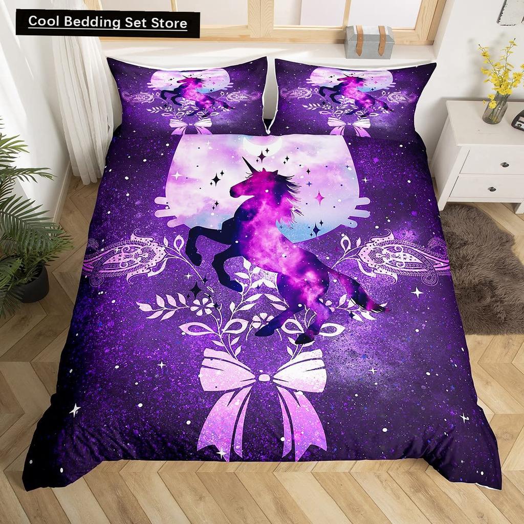 Kids Unicorn Stars King Queen Duvet Cover Cartoon Magic Animal Bedding Set Rainbow Shiny Quilt Cover Polyester Comforter Cover