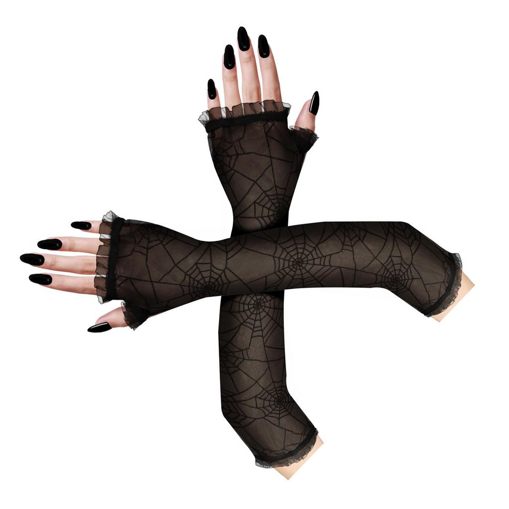 Spiderweb Patterned Long Stretchable Mesh Gloves for Halloween Costume Parties and Cosplay Event