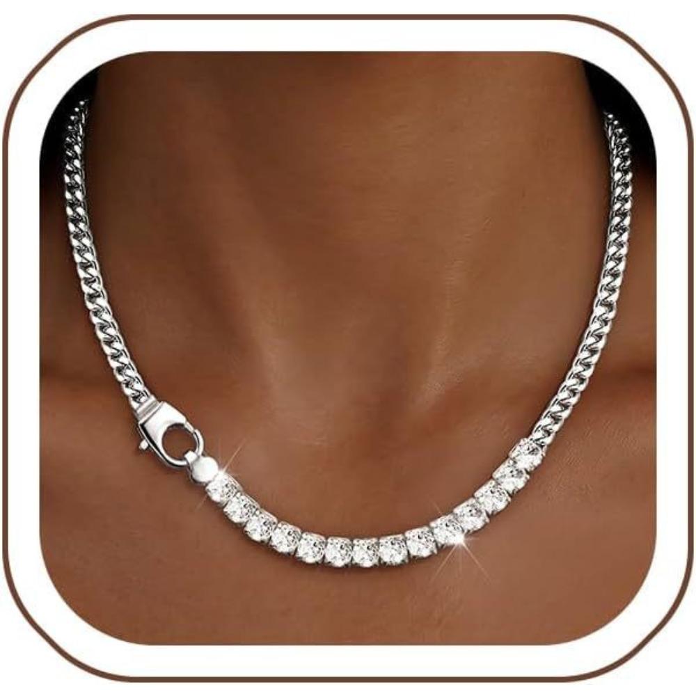 Shangxin Titanium Steel Cuban Chain Splicing Zircon Tennis Chain Light Luxury Personality Men's and Women's Collarbone Necklace