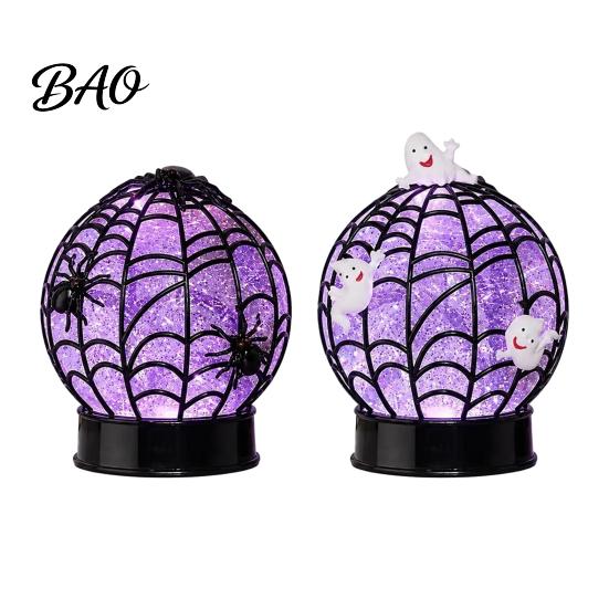 Glowing Table Lamp Halloween Ghost Glitter Ball Lamp, Spiderweb Faux Crystal Sphere Light, Desktop Night Purple Glow Spider for Holiday Party