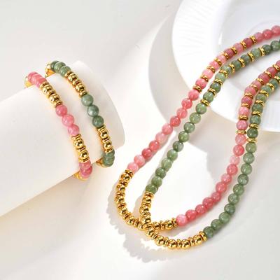 Elegant Color Matching Contrasting Pattern Stainless Steel Chain Crystal Beaded Necklace Bracelet Jewelry Set Female Nc-2546
