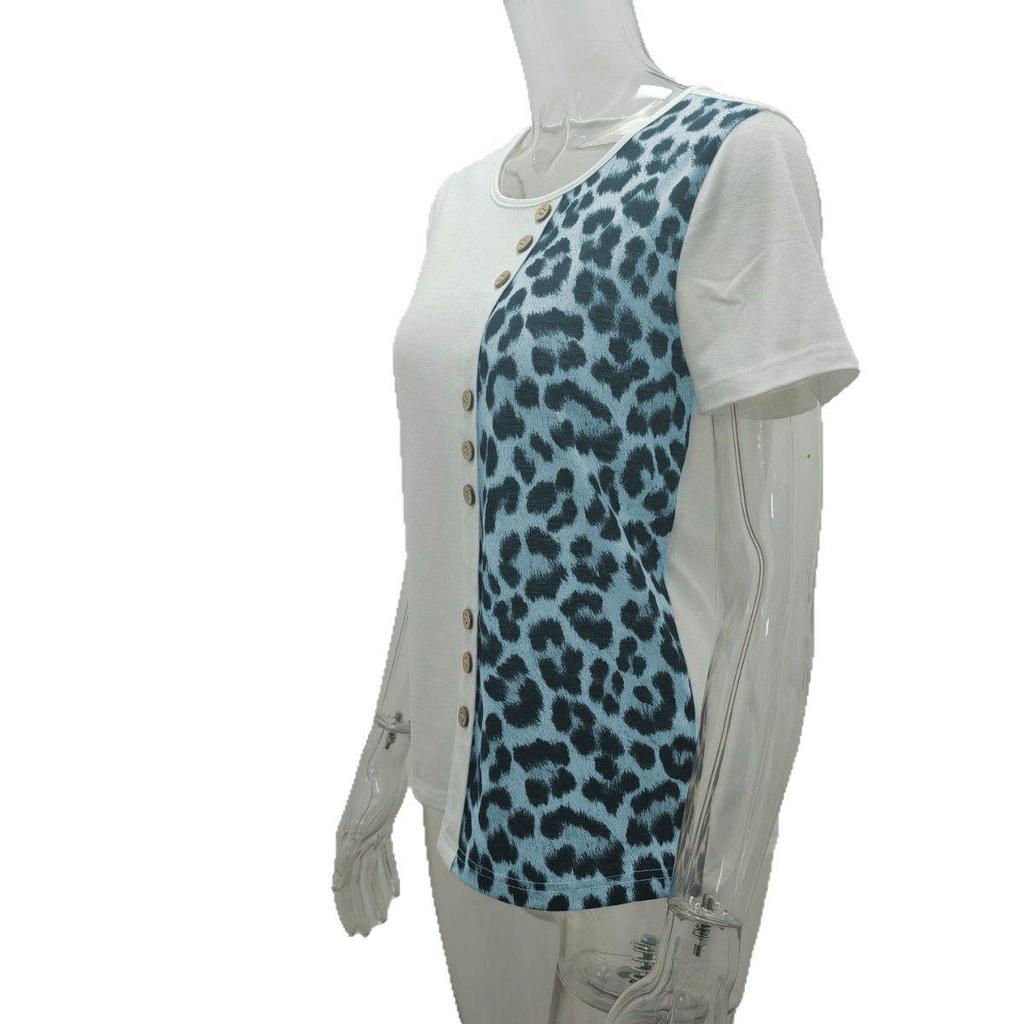 Leopard Print Round Neck Top: Elegant Short Sleeve T-shirt for Women, Casual Spring and Autumn Style 2025