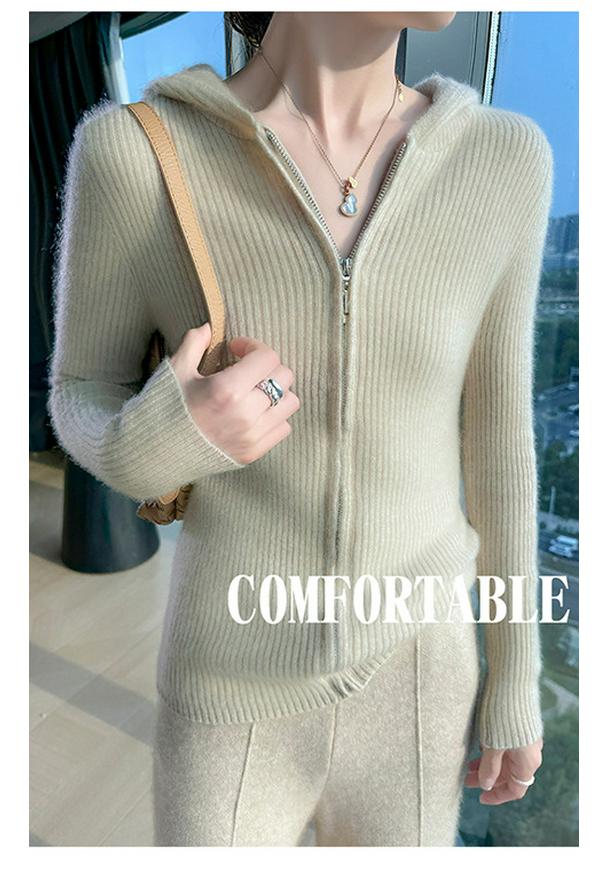 Women's Slim Fit Cashmere Wool Hooded Cardigan - 100% Pure Wool, Zippered, Autumn/Winter Knit Sweater Coat
