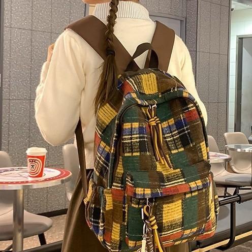Autumn And Winter Retro Woolen Plaid Schoolbag College Style Junior High School Girls High Value Backpack
