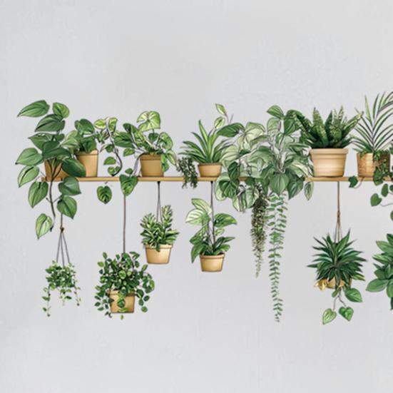 Potted Green Plant Shelf Wall Decal Tropical Plants Green Leaves Wall Stickers Removable Wall Art Murals for Living Room Bedroom Kitchen Office