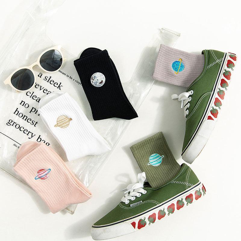 Japanese Harajuku Short Socks for Women Girls Ladies Cartoon Planet White Black Gray Green Pink Leisure Gift (SO10)