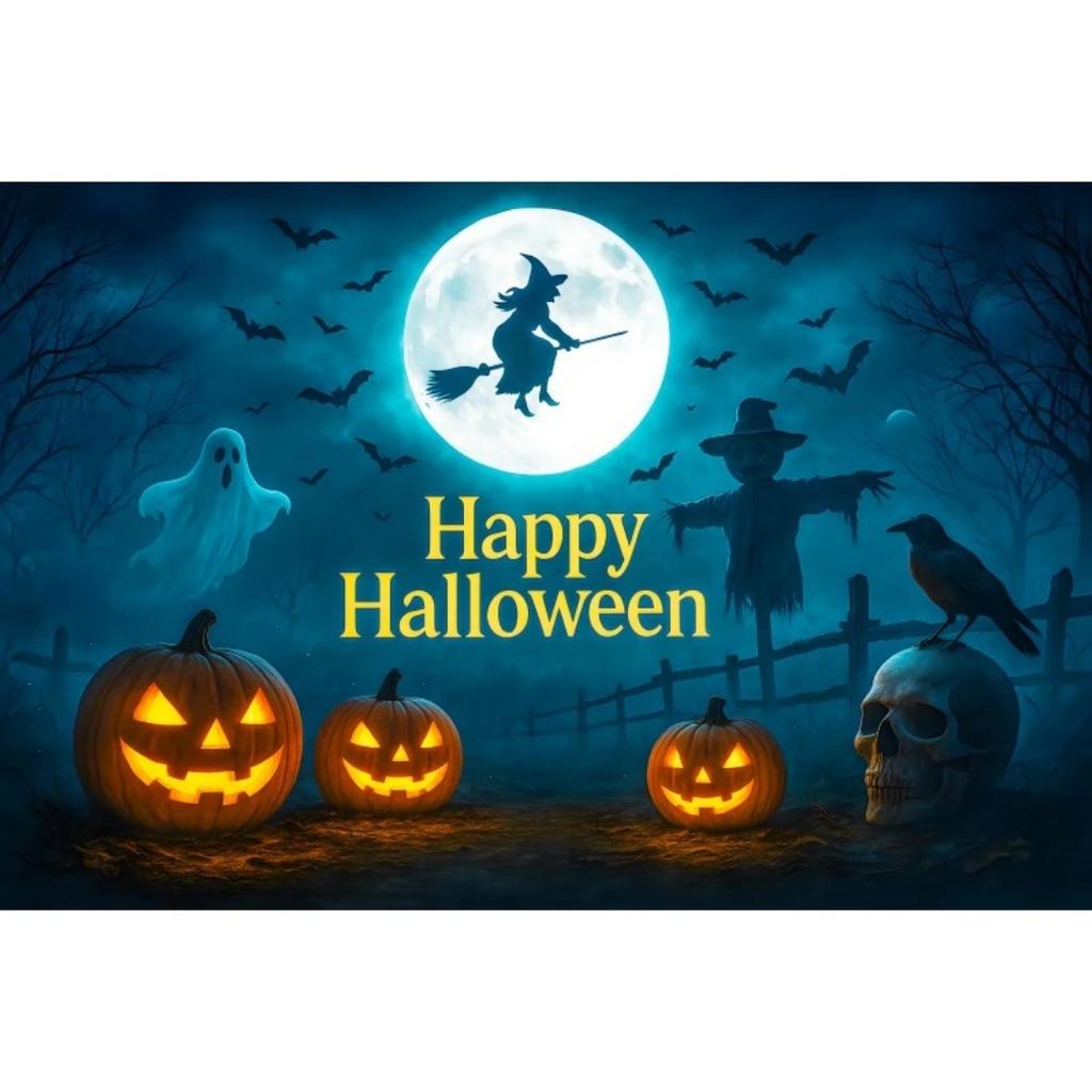 1pc Daek Blue Halloween Party Backdrop Night Moon Witch Pumpkin Dustproof Banner for Halloween Theme Party Background Decoration