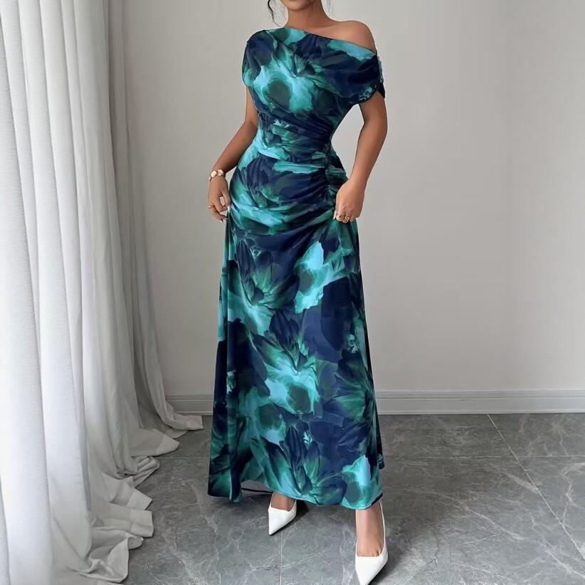 New European and American Style Printing Slim Dress Summer Temperament Pleated Dress Women's Fashion Thin Hip Skirt