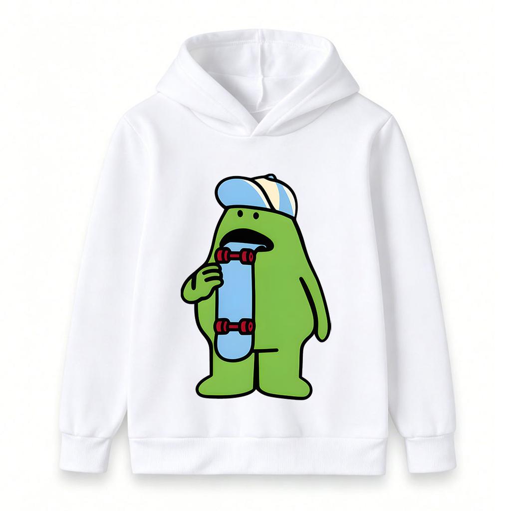Kids Boys Girls Casual Hooded Sweatshirt, Cool Cartoon Green Skater Character Print Long Sleeve Pullover Hoodie, Comfortable Lightweight Tops For Dail