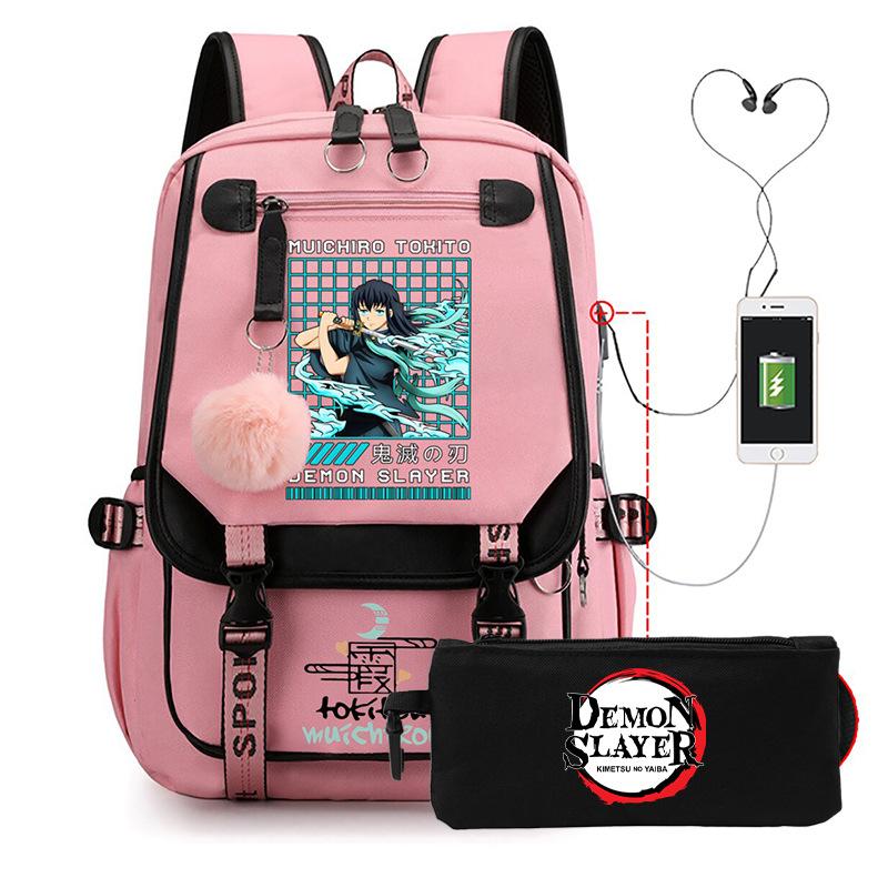Two-dimensional peripheral day man ghost extinguishing backpack pencil bag large capacity student leisure schoolbag with USB port