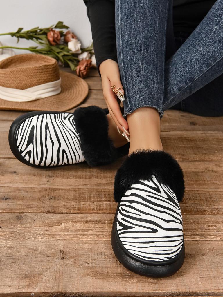Fashion Women Platform Cotton Slippers 2025 New Winter Plush Boots Women Zebra Printed Snow Boots Short Plush Slides Warm Slippers Women