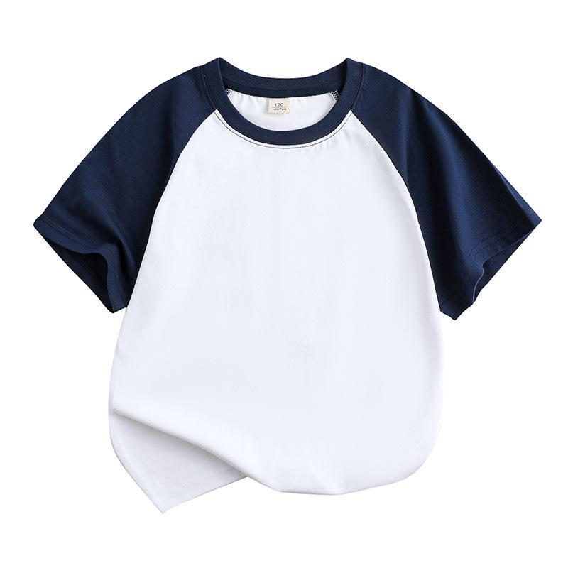 Summer Cotton Raglan Color Block Kids' Round Neck T-Shirt - Solid Color, Sweat-Absorbing, Short Sleeve Uniform