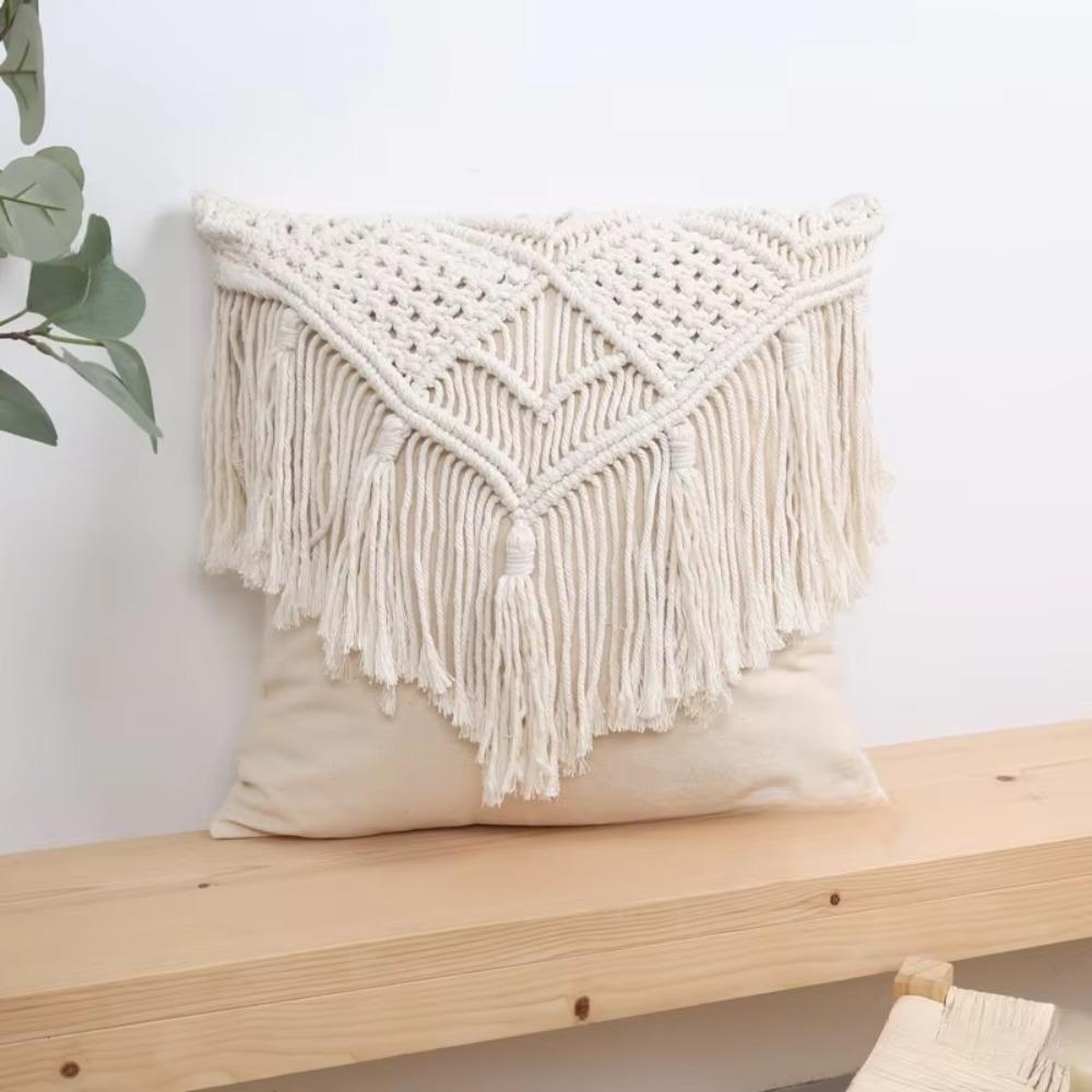 Hand-woven Bohemian Macrame Pillow Cover with Tassel Pillowslip Ethnic Knitted Pillow Case  Bedroom