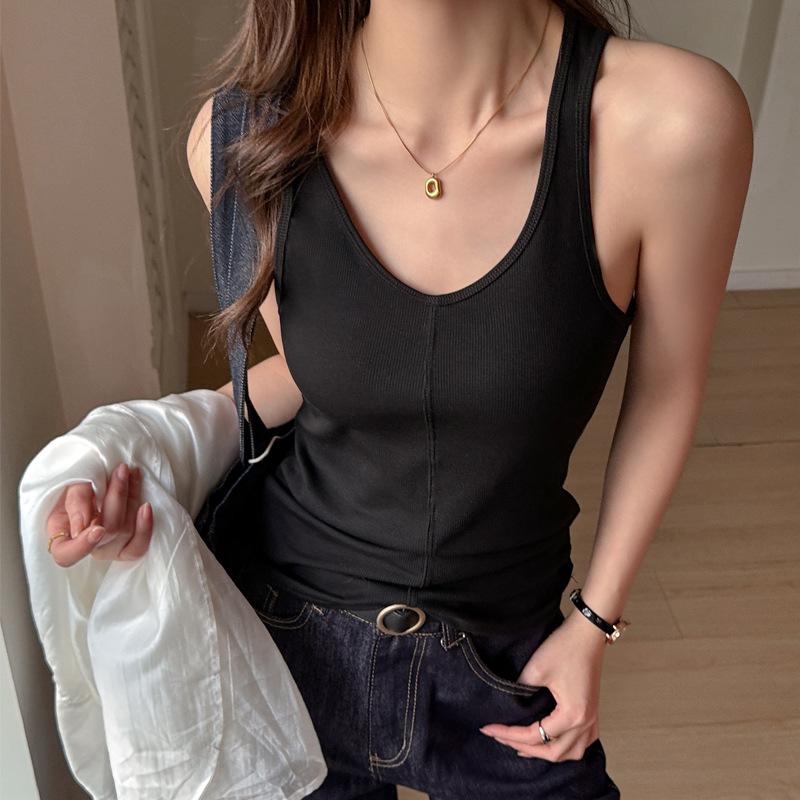 Women Spliced Ribbed Large V Neck Sleeveless Slim Fit Camisole Tank Top S чёрный